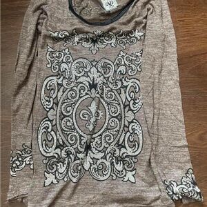 Vocal Brown Long Sleeve Top with Ornate Silver Print